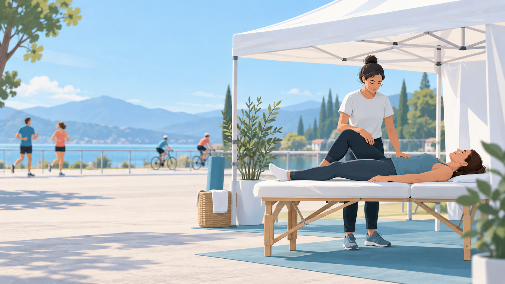 Illustrazione di uno spazio educativo con gazebo e lettino durante un evento sportivo